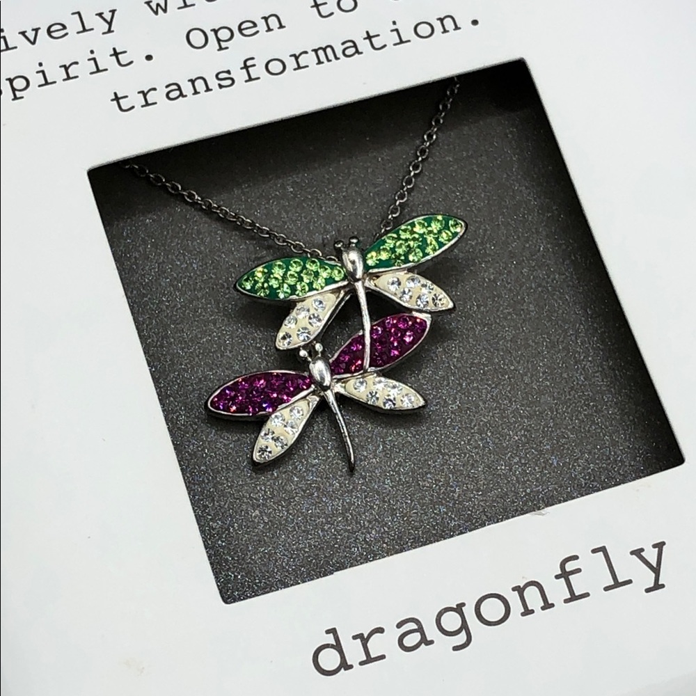 Silver plated dainty chain colorful crystal sparkling dragonfly necklace NEW.
